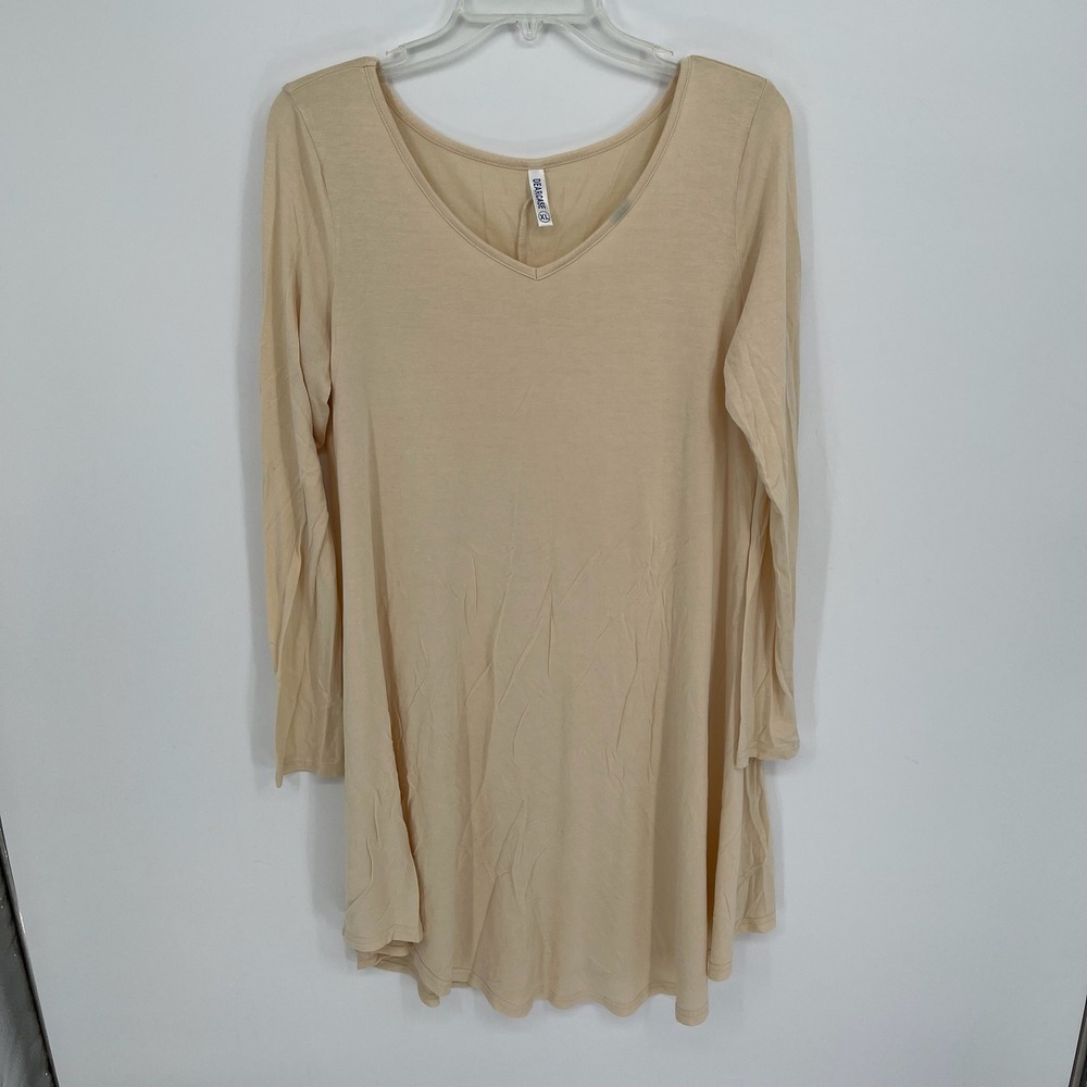 DEARCASE Women's Beige Long Sleeve V-Neck Stretch‎ Flowy Swing Tunic Top Size XL